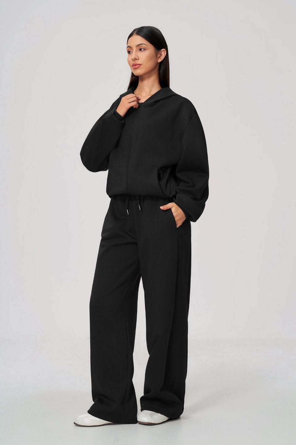 Women's Fleece-Lined Oversized Fit Zip-Up Jacket Pants Set