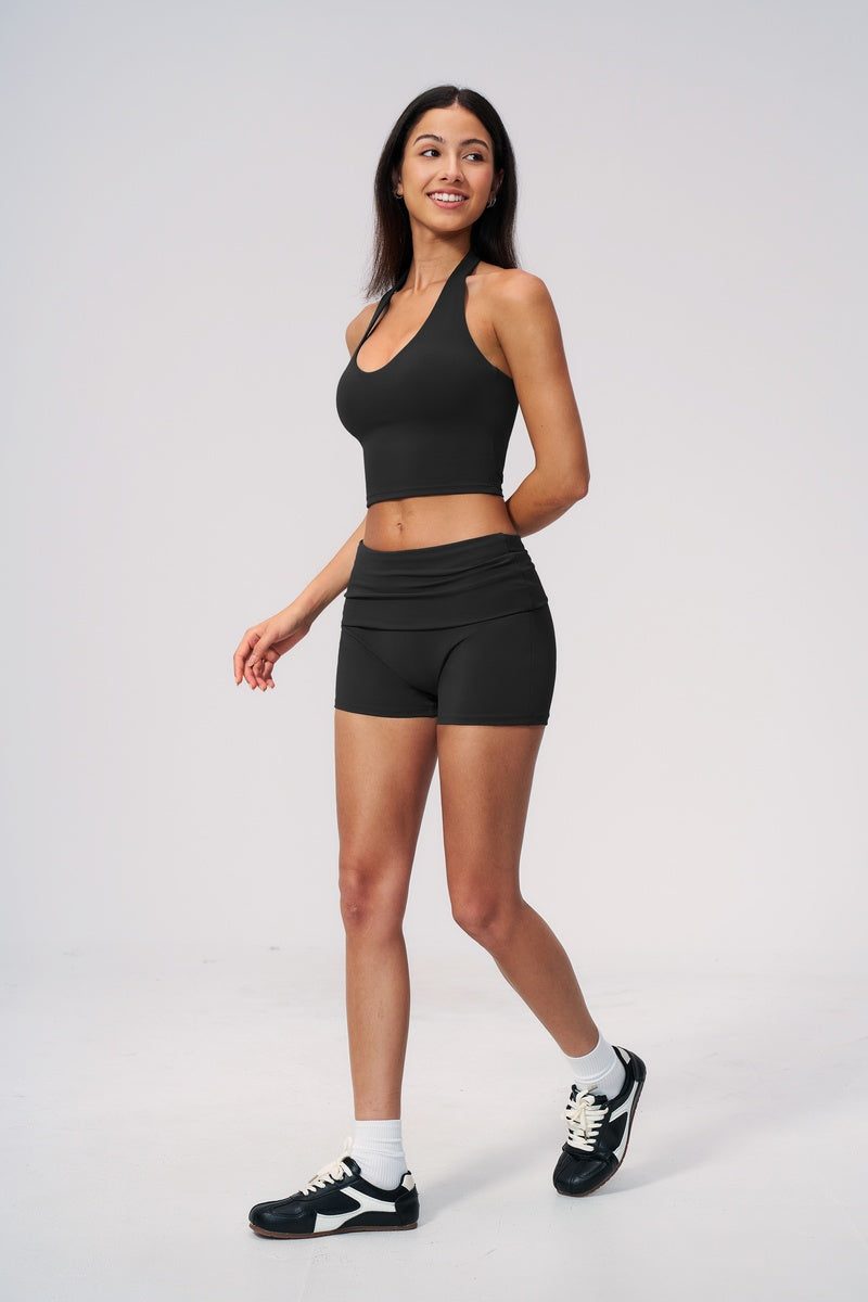 Women Sportswear Halterneck Ruch Shorts Set