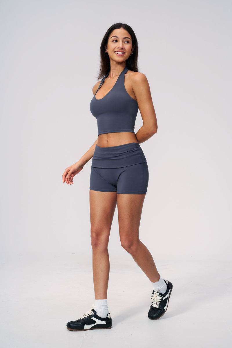 Women Sportswear Halterneck Ruch Shorts Set